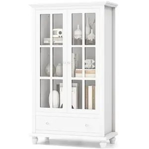 COSTWAY Bibliothèque avec Portes en Verre Trempé, Étagères Réglables de Rangement et Tiroir, , pour Salon, Bureau, 80 x 40 x 139 cm pas cher