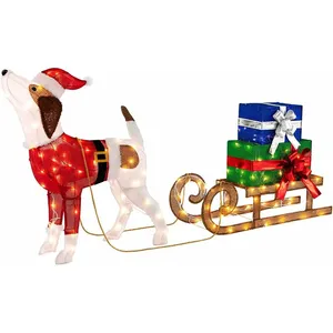 Costway COSTWAY Décorations Lumineuses de Noël Chien & Traîneau Chargé de 2 Boîtes Cadeaux 170 Lumières LED Chaudes pour Porche,Jardin pas cher