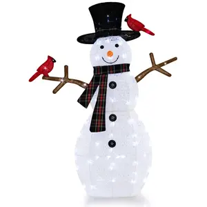 Costway COSTWAY Décoration de Noël Extérieure Bonhomme de Neige Lumineux 127cm avec 70 Lumières LED Blanc Froid avec Oiseaux Rouges,Chapeau pas cher