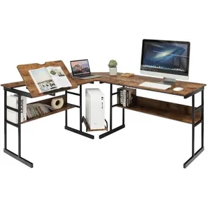 COSTWAY Bureau d'Angle en forme de L Ajustable à 2 Tables Droits, 2 Pe... pas cher
