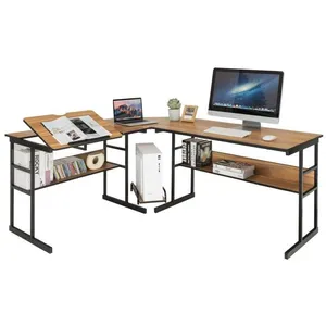 COSTWAY Bureau d'Angle en forme de L Ajustable à 2 Tables Droits, 2 Pe... pas cher