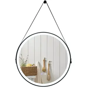 COSTWAY LED Miroir de Salle de Bain Rond Ø 60 cm, 2 Touche Tactile, Éclairage Tricolore, Antibuée, Mémoire, Sangle en Cuir pas cher
