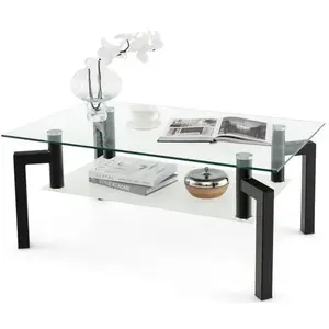 COSTWAY Table Basse Rectangulaire en Verre Trempé à 2 Niveaux, 100 x 60 x 43 CM, Table de Salon Moderne avec 4 Pieds en Métal, Noir pas cher