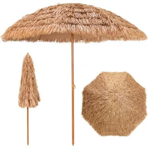 COSTWAY Parasol de Plage Hawaii Tropical en Chaume Ø243xH 222 cm Bouton-Pression 7 Couches 8 Baleines en Métal Polyester pas cher