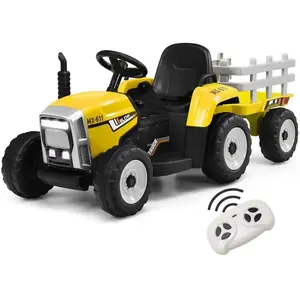 GOPLUS Tracteur Électrique Voiture Enfant avec Remorque,Roue Motrice Arrière et Phare à LED et Musique,Ceinture de Sécurité,JauneVendu parcdiscount