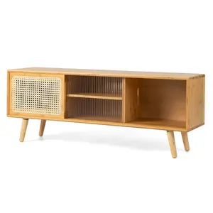 COSTWAY Meuble TV en Bambou pour TV 55" avec 4 Compartiments, 4 Pieds ... pas cher