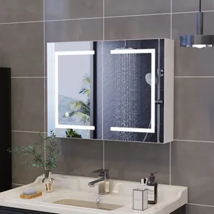 PERGAR Armoire de salle de bain Étagères Réglable 3 étagères ouverts 2 portes miroir avec LED miroir 80 x 13.5 x 60cm Blanc pas cher