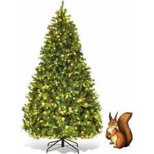 GOPLUS Sapin de Noël Artificiel 240CM Lumineux avec Pommes de Pin, Feuilles en PVC/PE,600 LED Blanche Chaude,Socle en Fer,VertVendu parcdiscount