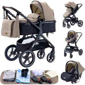 BAZARLAND30.Poussette 3 en 1 Bébé Combinée Siège-Auto Nacelle Trio Réversible Réglable Haute Qualité Roues increvables Canne.marron pas cher