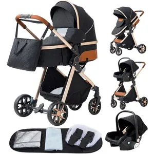 BAZARLAND30.Poussette 3 en 1 Bébé Combinée Siège-Auto Nacelle Trio Réversible Réglable Haute Qualité Roues increvables Canne.noir pas cher