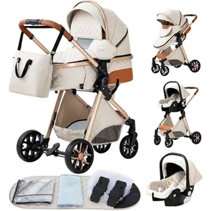 BAZARLAND30.Poussette 3 en 1 Bébé Combinée Siège-Auto Nacelle Trio Réversible Haute Qualité Roues increvables Canne.blanc cassé pas cher