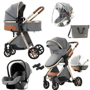 BAZARLAND30.Poussette 3 en 1 Bébé Combinée Siège-Auto Nacelle Trio Réversible Haute Qualité Roues increvables Canne.bleu gris pas cher