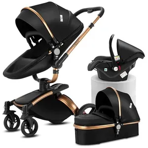 Poussette 3 en 1 Magic ZC Poussette Poussette trio Poussette Pliage automatique Cuir PU Rotation à 360° Avec Grand panier Noir pas cher