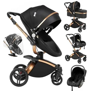Poussette 3 en 1 Magic ZC Poussette Poussette pliable Poussette de luxe Cuir PU Rotation à 360° Cadre en alliage daluminium Noir