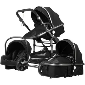 LUXCAR Poussette Bébé Combinée Trio Pack 3 en 1 Noir-ARG Chassis Haut a Absorption de Chocs Pliable Siege Auto Réversible Roues pas cher