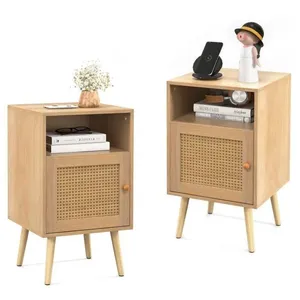 COSTWAY Lot de 2 Table de Chevet avec à Porte Cannage et Pieds en Bois... pas cher