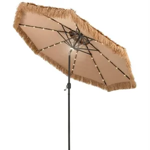 COSTWAY Parasol de Plage 305 cm Inclinable en Paille PE-32 LED et Lumière Centrale, 8 Baleines Manivelle Manuelle Style Hawaïen pas cher