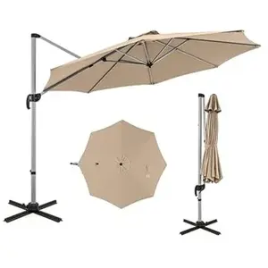 COSTWAY Parasol Déporté Inclinable Dia.339x260cm avec Base Croisée Rotation à 360°Manivelle, 8 Baleines pour Terrasse Jardin Beige pas cher