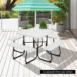 COSTWAY Table de Pique-Nique Ronde avec 4 Bancs pour 8 Personnes, Trou pour Parasol, Table de Camping pour Terrasse, Jardin, Blanc pas cher