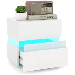 COSTWAY Table de Chevet LED 2 Tiroirs, Télécommandée 22 Modes 5 Luminosités 10 Vitesses, Panneaux Acryliques, 45 x 35 x45cm, Blanc pas cher