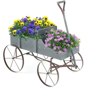 COSTWAY Brouette Décorative en Bois avec 2 Compartiments à Planter Roues Métalliques et Poignée à l'avant Charge 15kg pour Cour Jardin Véranda (Gris) pas cher