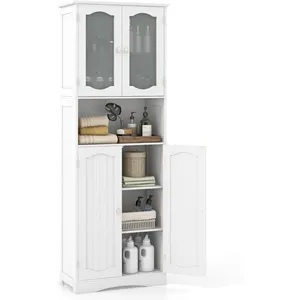 Colonne de Salle de Bain Haute COSTWAY-4 Portes (2 en Verre Dépoli Trempé)-Compartiment Ouvert-Étagères Réglables-60 x 30 x 164cm pas cher