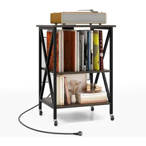 Meuble de Rangement Tourne-disque COSTWAY Station de Charge Intégrée&Table d'Appoint en Métal, pour Bureau&Salon 45x40x34CM Gris pas cher