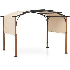 Pergola de Jardin 3 x 6 x 2,6M COSTWAY-Auvent Rétractable en Tissu Polyester-Structure  Métalliques-à Arcs-Poteaux Aspect Bois-Beige pas cher