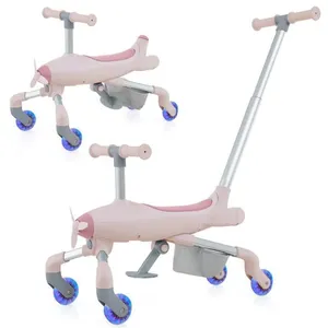 COSTWAY Tricycle pour Enfants avec Putter, Roue Lumineuse, Panier, Repose-Pieds Pliables, Poignées Réglables, Charge 50kg, RoseVendu parcdiscount