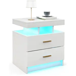 Costway Table De Chevet Avec 2 Tiroirs, Led En 16 Couleurs, 21 Modes Dynamiques, Télécommode, Pour Chambre, Salon, Blanc pas cher