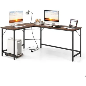 COSTWAY Bureau d Angle de 168 x 125cm avec Support UC, 2 Prises Électr... pas cher