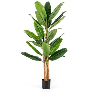 COSTWAY Bananier Artificiel de 195 cm Tiges Triples 27 Grandes Feuilles, Plante Verte en Pot, Décoration de Maison, Salon, Bureau pas cher