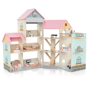 Maison de Poupée en Bois COSTWAY 41 Meubles, 3 Étages, 6 Chambres, Bal... pas cher