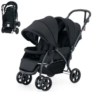 COSTWAY Poussette Jumelle Pliable Double Bébé Auvent Capote Réglable Canne Landau 4 Roues Anti-chocs Harnais à 5 Points-30kg-Noir pas cher
