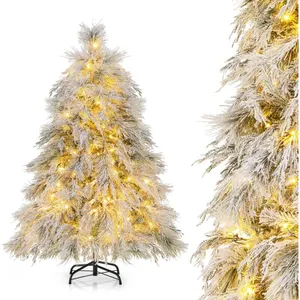 Sapin de Noël Artificiel Floqué Ø 88 x 146H cm COSTWAY-150 Lumières LED Blanc Chaud-279 Branches-Aiguilles de Pin Feuilles de pas cher