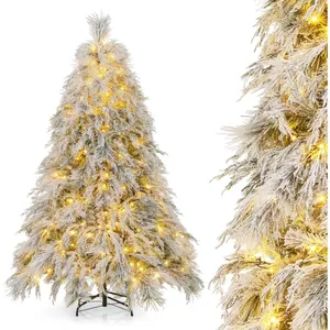 Sapin de Noël Artificiel Floqué Ø110 x 180H cm COSTWAY-250 Lumières LED Blanc Chaud-5199 Branches-Aiguilles de PinFeuilles de pas cher