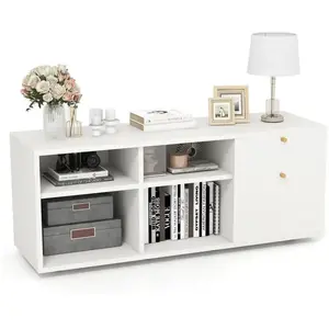 GOPLUS Meuble Console TV avec 2 Tiroirs et 4 Compartiments 108x39x50CM-Pieds Réglables-Armoire Basse de Rangement Moderne,Blanc pas cher