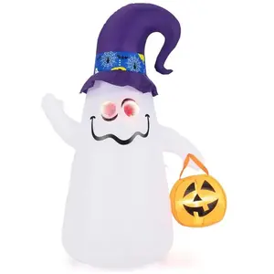 Costway - Décoration d'Halloween Gonflable 180 cm, Fantôme Mignon avec Lanterne Citrouille, Chapeau de Sorcier, 5 Lumières led à Intensité Variable, pas cher