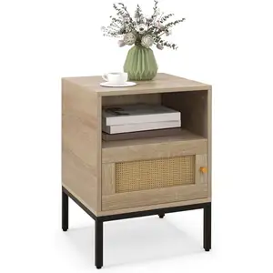 Table De Chevet Avec Rangement Costway-Compartiment Ouverte-Armoire À Porte-Décoration En Rotin-Effet Bohème-40 X 40 X 57 Cm pas cher