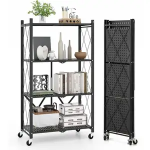 COSTWAY Chariot Pliable à Roulettes à 4 Niveaux, Roulettes Verrouillables, Étagère de Rangement pour Cuisine Salon Atelier Garage pas cher