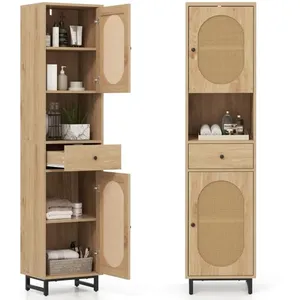 COSTWAY Colonne de Salle de Bain avec 2 Portes en Rotin PE, Compartiment Ouvert et Tiroir, pour Salon, Cuisine, Chambre, Nature pas cher