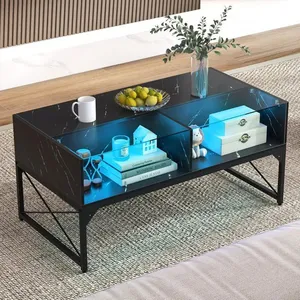 Costway Table Basse Avec Lumières Led, Plateau En Faux Marbre, Verre Trempé, Télécommande Incluse, 4 Cubes De Rangement, Noir pas cher