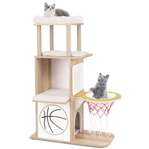 COSTWAY Arbre à Chat Multi-niveaux 120 cm, Thème Sportif, 2 Perchoirs, Hamac, Panier de Basket, Poteaux à Gratter en Jute, Coussins pas cher