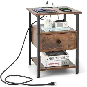 Costway Table De Chevet Avec Station De Charge, Etagères Ouvertes Et Tiroir, Style Industriel, Pour Chambre, Salon, Bureau pas cher
