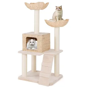 COSTWAY Arbre à Chat Multi-niveaux en Bois 122 CM, Poteaux à Gratter en Sisal, Perchoir, Condo, Panier, Echelle, Coussins Lavables pas cher