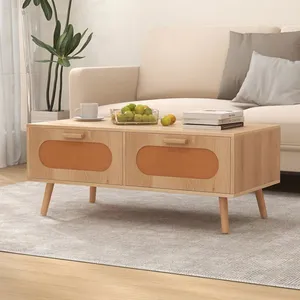 Table Basse en Rotin Moderne COSTWAY, 2 Tiroirs, Compartiment Arrière,... pas cher