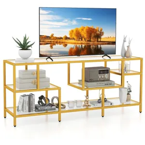 COSTWAY 65" Meuble TV en Verre avec un Grand Plateau et 4 Etagères en ... pas cher