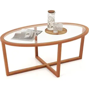 COSTWAY Table Basse Ovale en Verre Trempé, Pieds en Bois d'Hévéa, Base... pas cher