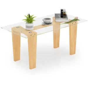Costway Table Basse Rectangulaire En Verre Trempé, Pieds En Bois D'hév... pas cher