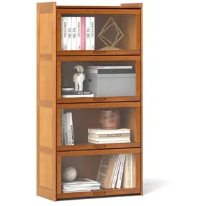 GOPLUS Bibliothèque en Bambou à 4 Etagères 69x34x140CM avec Portes en ... pas cher